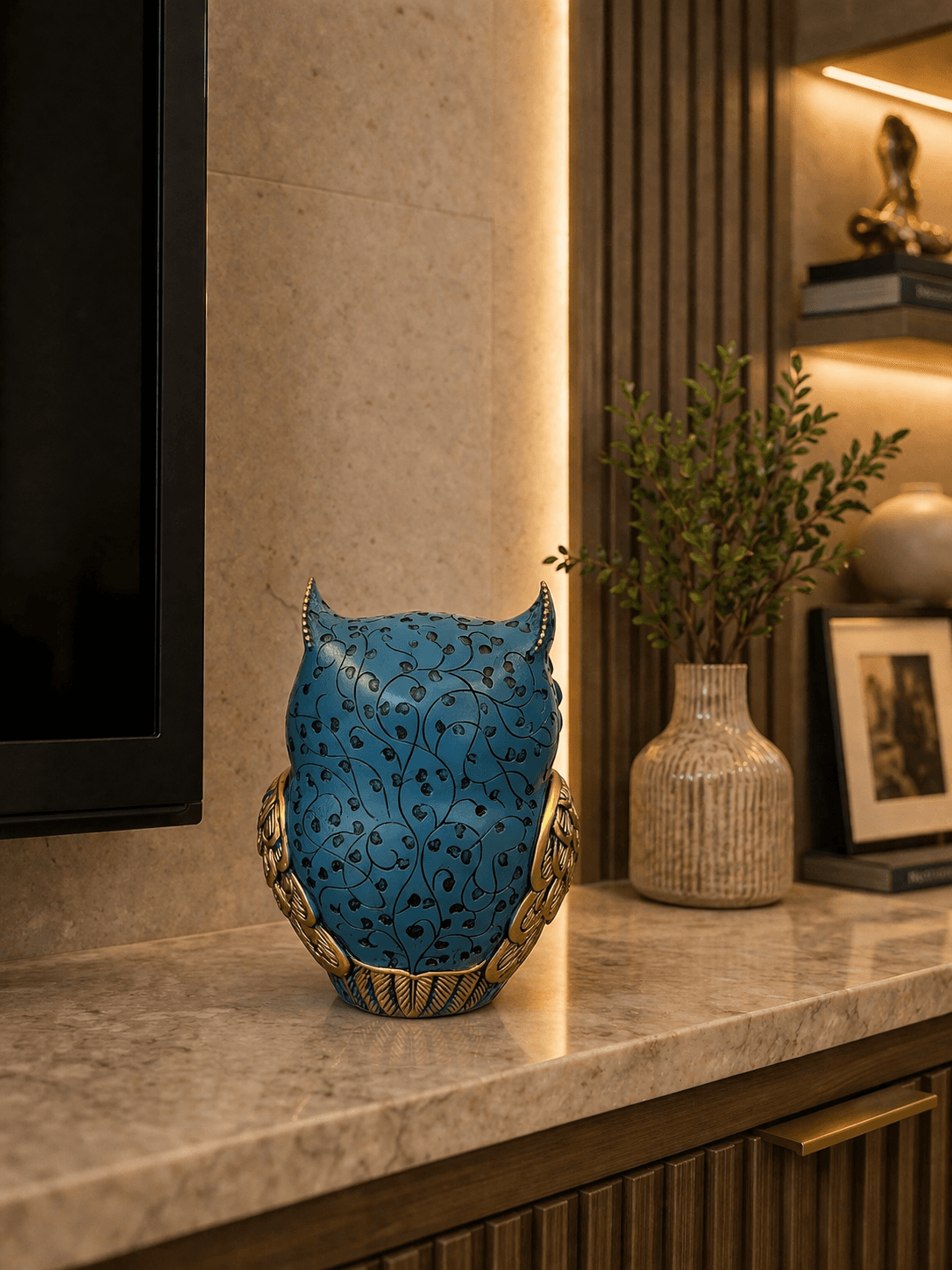 Blue & Gold Owl Showpiece for Home Decor | Modern Decorative Owl Figurine for Living Room & Office preview 4