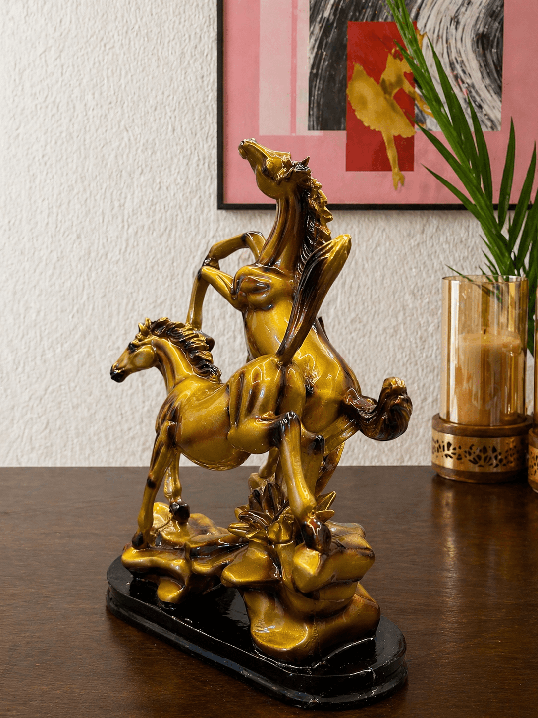 Premium golden double rearing horse statue showpiece on a wooden table for living room decor preview 2