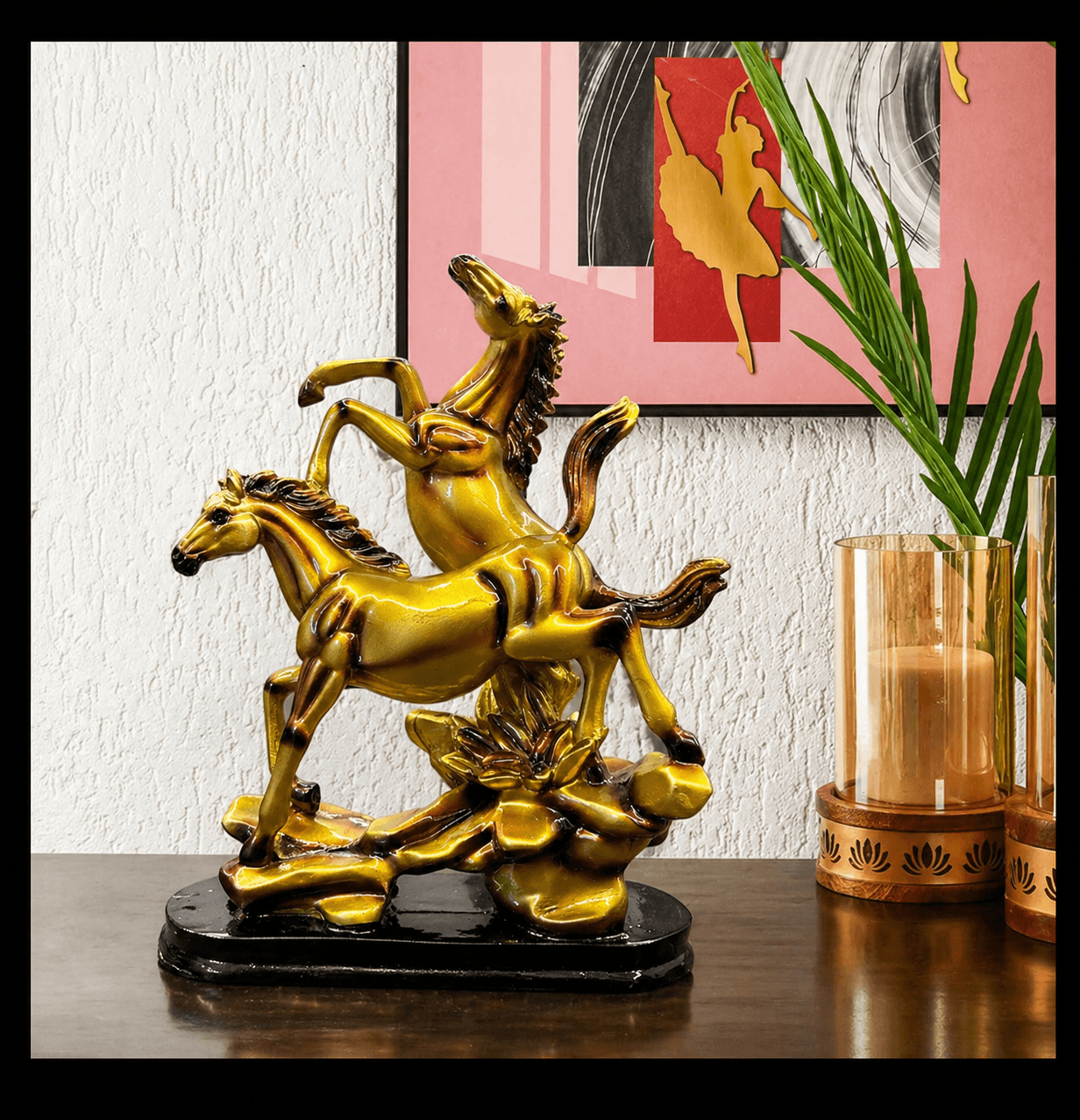 Premium golden double rearing horse statue showpiece on a wooden table for living room decor preview 3