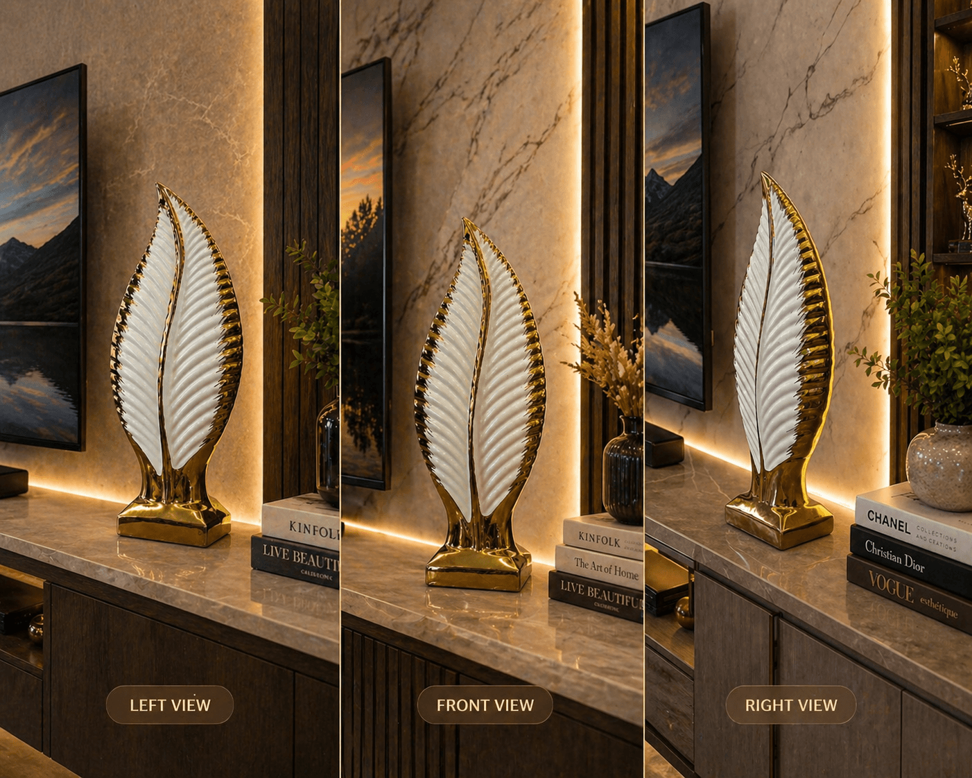 Modern white and gold leaf ceramic showpiece displayed on a living room TV console next to decorative books preview 4