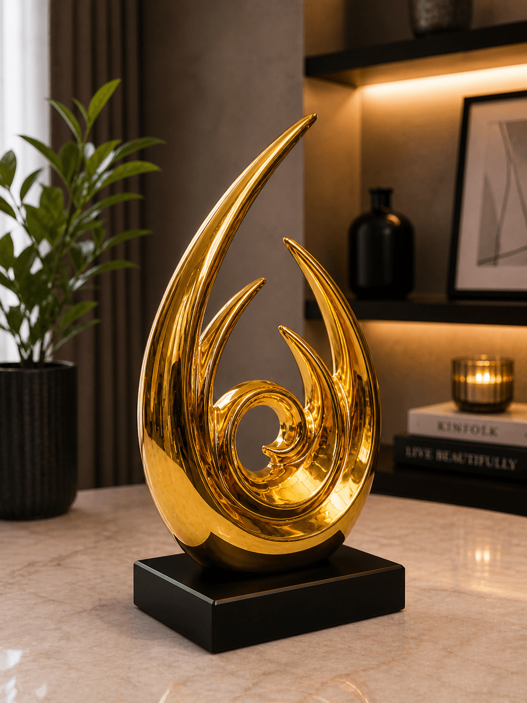Glossy golden abstract flame sculpture on a black square base, styled on a marble center table in a modern luxury living room preview 3